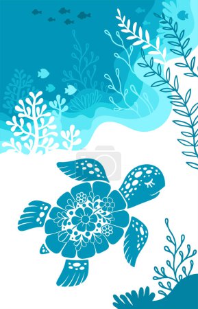 Imagen decorativa estilizada de una tortuga marina y la vida submarina. Día Mundial de los Océanos diseño de fondo