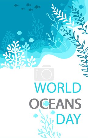 Ilustración de Imagen decorativa estilizada de una tortuga marina y la vida submarina. Día Mundial de los Océanos diseño de fondo - Imagen libre de derechos