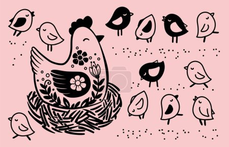 Téléchargez les illustrations : Ensemble de poules dessinées à la main dans un nid avec des petits poussins. Une collection d'oiseaux domestiques drôles. Illustration vectorielle dans le style doodle - en licence libre de droit