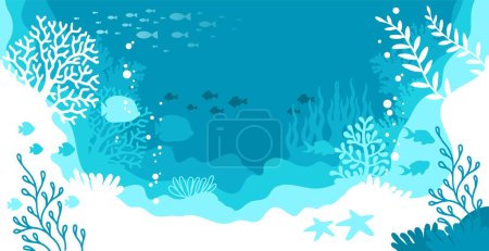 Vector horizontal blue background. Underwater marine life of a coral reef