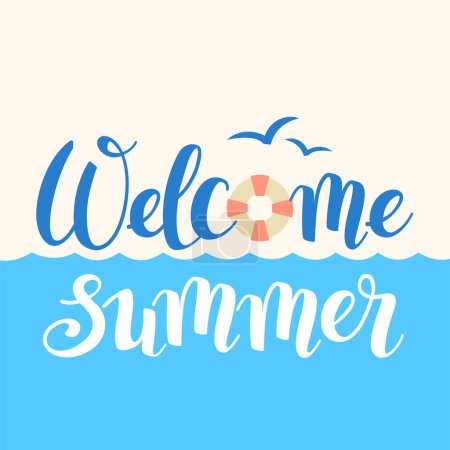 Illustration for Welcome summer, logo template in a retro design. Vector illustration of summer lettering with sea waves, seagull and lifebuoy - Royalty Free Image