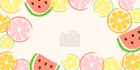 Ilustración de Hola Summer. Vector dibujado a mano sandía y rodajas de naranja. Fondo horizontal para el mensaje de texto - Imagen libre de derechos