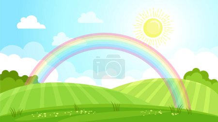 Ilustración de Fondo vectorial. Paisaje de verano de campo verde, arco iris y sol en cielo azul - Imagen libre de derechos