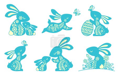 Ilustración de Set of ornate easter bunnys. Vector illustration hare, bunny, rabbit and butterfly. Silhouette of cute bunny with Easter egg, butterfly for laser cut or card, banner - Imagen libre de derechos