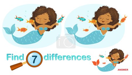 Illustration for Logical game for children education. Find the differences in the picture. Illustration of beautiful girl mermaid with fish - Royalty Free Image