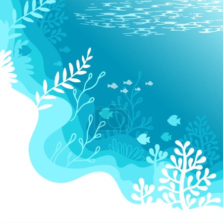 Vector Illustration of background in a blue palette colours. Underwater marine life of a coral reef