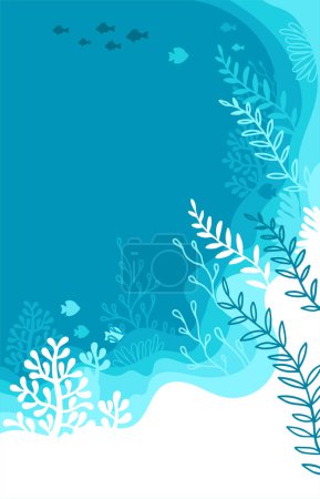 Vector Ilustración de fondo en una paleta de colores azules. Vida marina submarina de un arrecife de coral