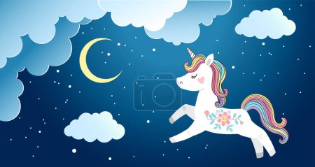 Illustration for Vector background in cartoon style for magic design. Cute unicorn jumps on fluffy clouds in the night sky - Royalty Free Image