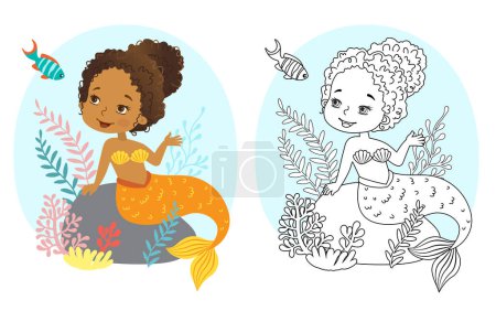 Ilustración de Página para colorear vector blanco y negro para niños. Ilustración de hermosa niña sirena afroamericana etnia - Imagen libre de derechos