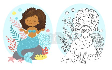 Téléchargez les illustrations : Coloriage vectoriel noir et blanc pour enfants. Illustration de belle fille sirène afro-américaine ethnie - en licence libre de droit