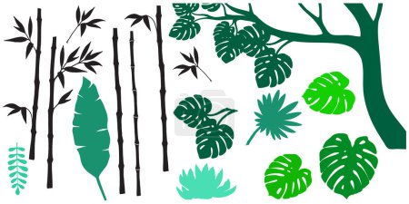 Illustration for Set of different tropical plants, leaves and flower. Summer exotic elements for invitations, posters, backgrounds - Royalty Free Image