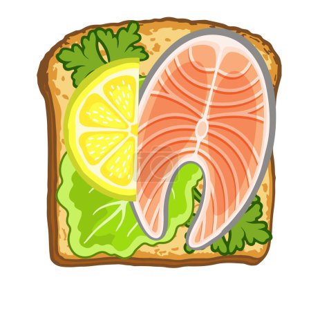 Illustration for Vector illustration of toast with a piece of salmon, lemon and lettuce - Royalty Free Image