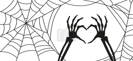 Ilustración de Fondo de Halloween. Telaraña y Esqueleto de huesos de la mano mostrando símbolo del corazón - Imagen libre de derechos