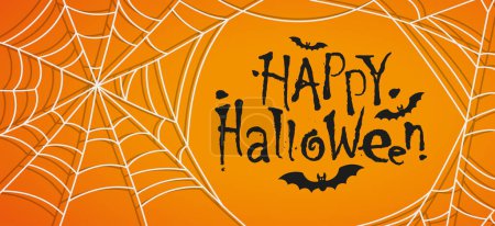 Illustration for Horror style font with flying vampire bats and Happy Halloween text message. Spider web isolated on orange background - Royalty Free Image