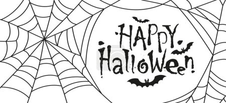 Illustration for Horror style font with flying vampire bats and Happy Halloween text message. Spider web isolated on white background - Royalty Free Image