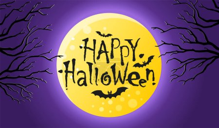 Téléchargez les illustrations : Bannière vectorielle Halloween. Pleine lune sur fond de ciel sombre et silhouettes d'arbres - en licence libre de droit
