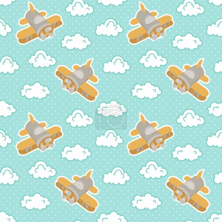 Ilustración de Patrón sin costura vectorial. Aviones de juguete entre nubes esponjosas sobre un fondo azul con lunares blancos - Imagen libre de derechos