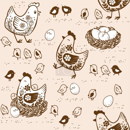 Téléchargez les illustrations : Modèle sans couture dans un style rétro de poulet stylisé avec ornement floral et poussins doodle - en licence libre de droit