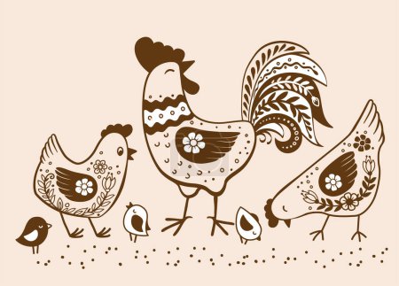 Ilustración de Familia de pollo dibujado a mano vectorial en estilo retro. Aves de granja de garabatos adornadas - Imagen libre de derechos