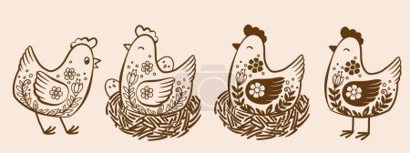 Illustration for Set of hand drawn hen in a nest with little chicks. A collection of funny domestic birds. Vector illustration in doodle style - Royalty Free Image
