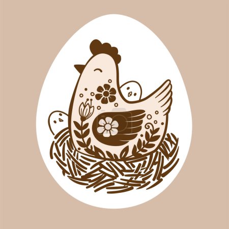 Illustration for Hand drawn hen in a nest with little chicks. Vector illustration in doodle style - Royalty Free Image