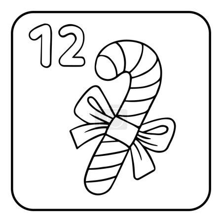 Illustration for Xmas coloring advent calendar. Hand drawn vector poster with Caramel Candy Cane. Black and white coloring page - Royalty Free Image