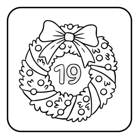 Téléchargez les illustrations : Calendrier de l'Avent de coloration de Noël. Affiche vectorielle dessinée à la main avec couronne de Noël. Coloriage noir et blanc - en licence libre de droit
