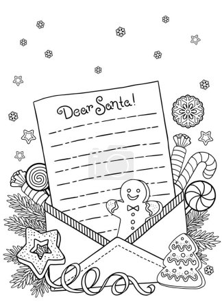 Téléchargez les illustrations : Modèle de lettre avec une enveloppe pour le Père Noël. Coloriage vectoriel pour adultes. Page pour livre à colorier et design de Noël - en licence libre de droit