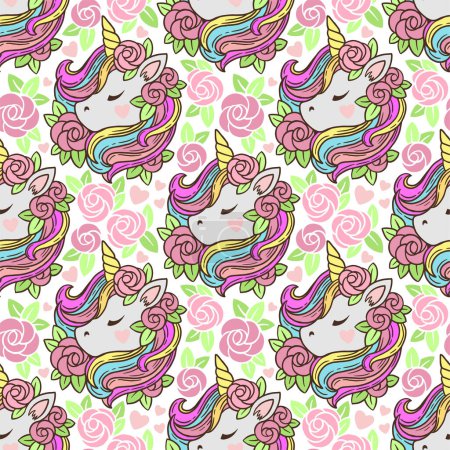 Ilustración de Patrón sin costuras con unicornio princesa sobre un fondo blanco, arco iris, flores de rosas. Impresión para el diseño de tela para niños, papel de envolver, papel pintado - Imagen libre de derechos