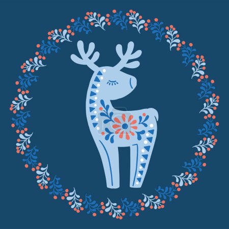 Illustration for Vector hand drawn illustration of animals in Nordic style hygge. Deer silhouette in floral wreath in Folk Scandinavian style - Royalty Free Image