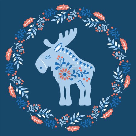 Illustration for Vector hand drawn illustration of animals in Nordic style hygge. Elk silhouette in floral wreath in Folk Scandinavian style - Royalty Free Image