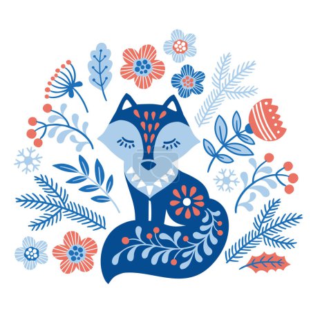 Ilustración de Vector ilustración dibujada a mano de animales en estilo nórdico hygge. Silueta de zorro entre flores en estilo escandinavo folklórico sobre fondo blanco - Imagen libre de derechos
