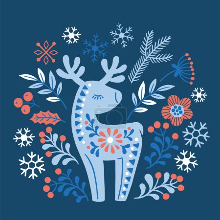 Téléchargez les illustrations : Illustration vectorielle dessinée à la main d'animaux en hygge de style nordique. Silhouette de cerf à motif floral de style scandinave - en licence libre de droit