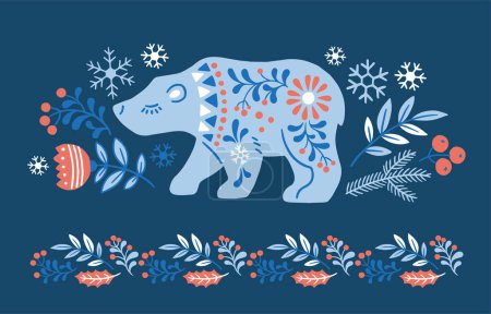 Téléchargez les illustrations : Illustration vectorielle dessinée à la main d'animaux en hygge de style nordique. Silhouette d'ours avec un motif floral dans un style scandinave populaire - en licence libre de droit