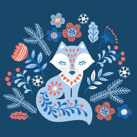 Illustration for Vector hand drawn illustration of animals in Nordic style hygge. Silhouette of fox among flowers in Folk Scandinavian style - Royalty Free Image
