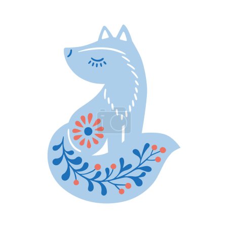 Téléchargez les illustrations : Illustration vectorielle dessinée à la main d'un animal dans un hygge de style nordique. Silhouette bleue de renard dans un style folklorique isolé sur fond blanc - en licence libre de droit