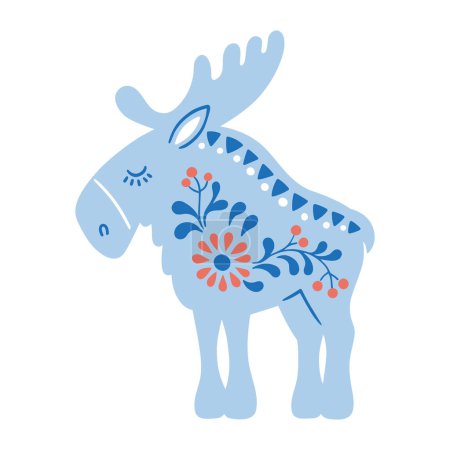 Ilustración de Ilustración dibujada a mano vectorial de animales en estilo nórdico hygge. Silueta azul de alce en estilo folclórico aislado sobre fondo blanco - Imagen libre de derechos