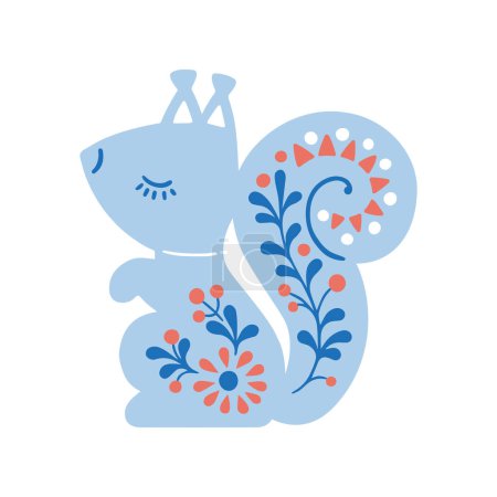 Téléchargez les illustrations : Illustration vectorielle dessinée à la main d'un animal dans un hygge de style nordique. Silhouette bleue d'écureuil dans un style folklorique isolé sur fond blanc - en licence libre de droit