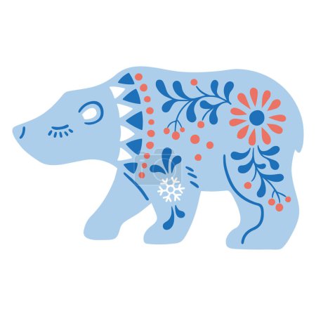 Téléchargez les illustrations : Illustration vectorielle dessinée à la main d'un animal dans un hygge de style nordique. Silhouette bleue d'ours polaire dans un style folklorique isolé sur fond blanc - en licence libre de droit
