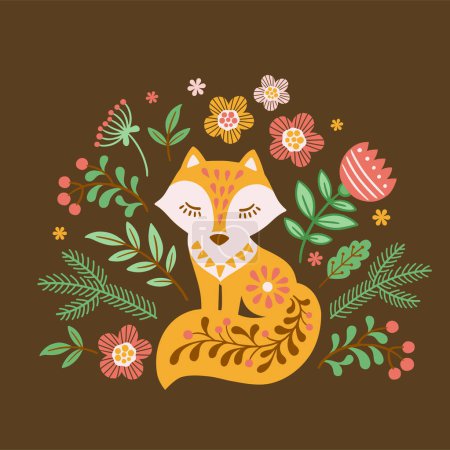 Illustration for Vector hand drawn illustration of animals in Nordic style hygge. Silhouette of red patterned fox among flowers on blue background - Royalty Free Image