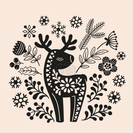 Illustration for Vector hand drawn illustration of animals in Nordic style hygge. Silhouette of a deer in a floral pattern in Scandinavian style - Royalty Free Image