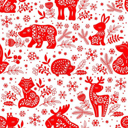 Illustration for Vector seamless pattern. Patterned red silhouettes of forest animals deer, bear, elk, fox, hare, squirrel, hedgehog among flowers on white background - Royalty Free Image