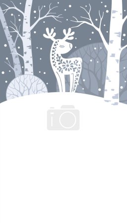 Ilustración de Invierno Bosque animal bandera vertical. Silueta dibujada a mano de ciervo en estilo escandinavo - Imagen libre de derechos