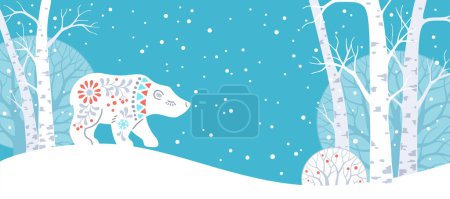 Ilustración de Invierno Bosque animal bandera vertical. Silueta dibujada a mano de oso polar en estilo escandinavo - Imagen libre de derechos