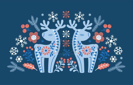 Téléchargez les illustrations : Illustration vectorielle dessinée à la main d'animaux en hygge de style nordique. Silhouette de cerf à motif floral de style scandinave - en licence libre de droit