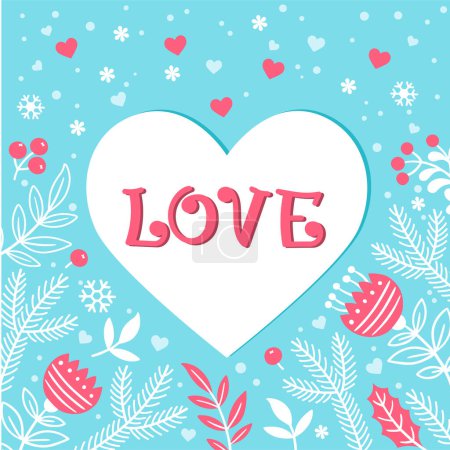 Illustration for Text love on hearts template among flowers. Hand draw vector illustration for Valentines day. Card with flowers and leaves on blue background - Royalty Free Image