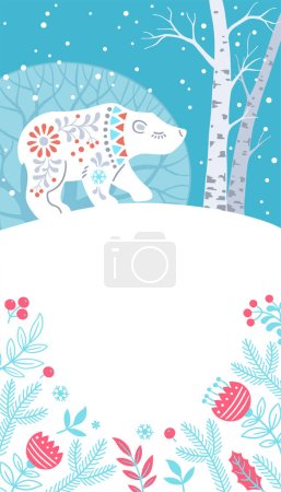 Téléchargez les illustrations : Bannière verticale Winter Forest Animal. Silhouette d'ours polaire dessinée à la main dans un style scandinave - en licence libre de droit