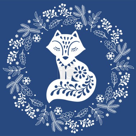 Illustration for Vector hand drawn illustration of animals in Nordic style hygge. Fox silhouette in floral wreath in Folk Scandinavian style - Royalty Free Image