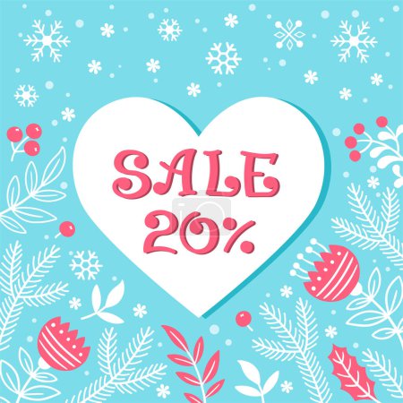 Illustration for Template for text with heart and flowers pattern. Valentine's day sale. Card with flowers and leaves on blue background - Royalty Free Image