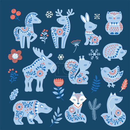 Illustration for Illustration of pattern in Nordic style hygge. Vector hand drawn animals in Scandinavian style - Royalty Free Image